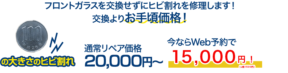 フロントガラスを交換せずにヒビ割れを修理します！交換よりお手頃価格！ 100円玉の大きさのヒビ割れ 通常リペア価格20,000円～のところを、今ならWeb予約で15,000円(+税別)～！